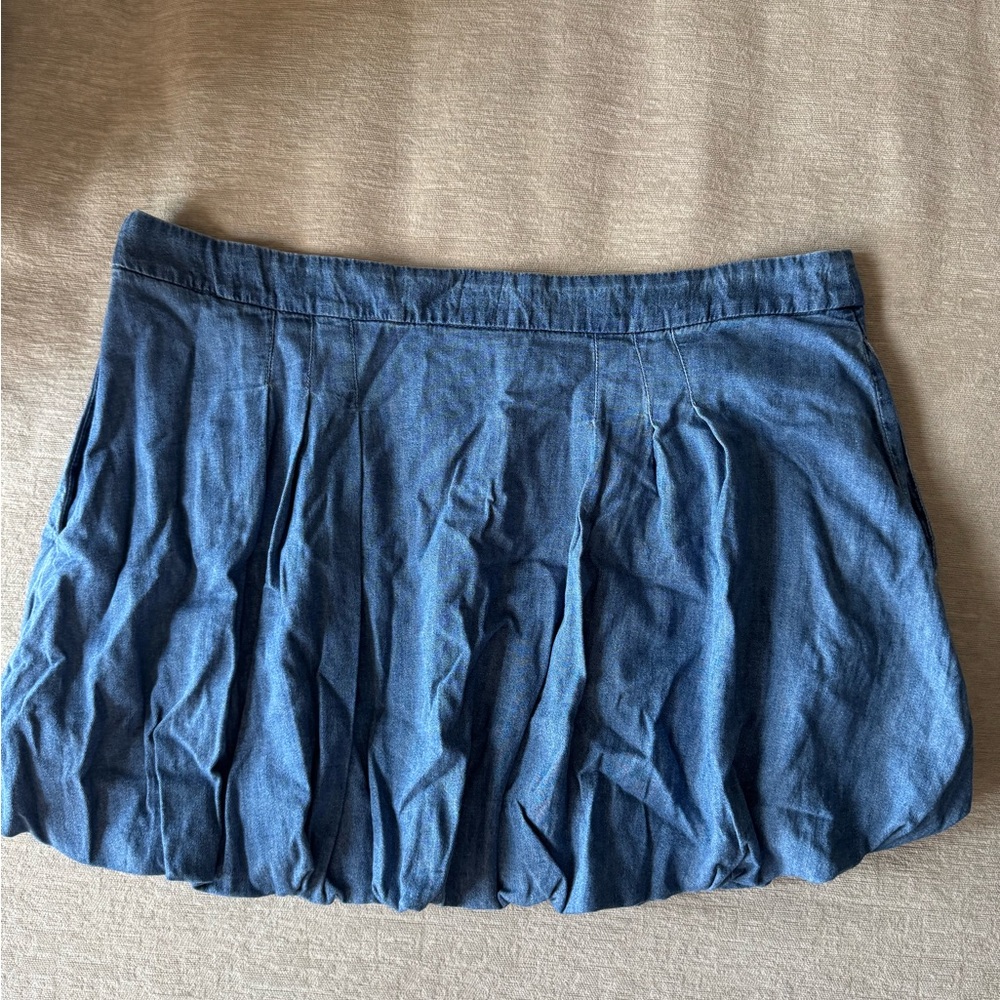 GAP Denim Chambray Bubble Mini Skirt Women’s Medium Indigo Pleated Button Front - Picture 10 of 14